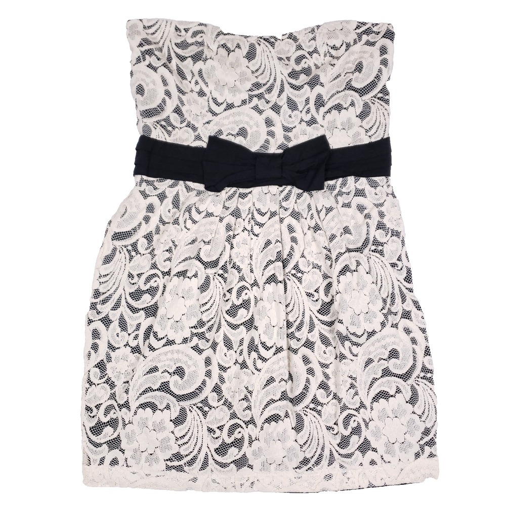 Forever 21 Strapless Lace Dress Bow Waist Size M Black Ivory Coquette Glam